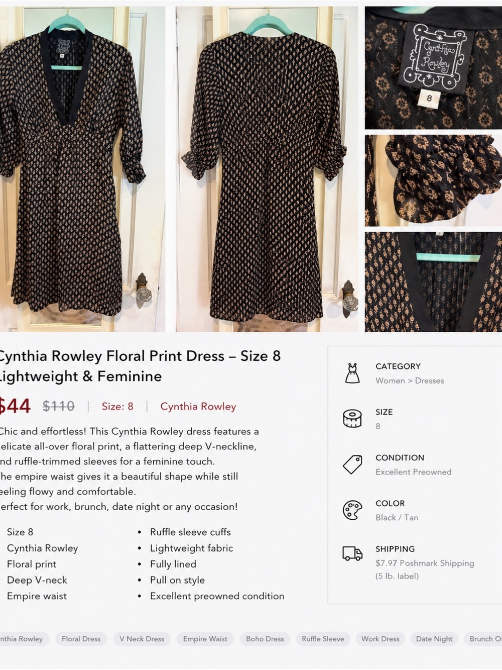 Cynthia Rowley Black and Tan Floral V‑Neck Dress